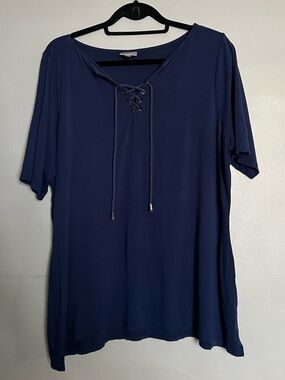Avenue Lace Up Top Blue Short Sleeve Tunic Relaxed Fit Size 14/16